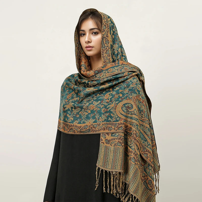 Soft and warm cashmere hijab with bohemian print, styled as a headscarf or wrap