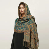 Soft and warm cashmere hijab with bohemian print, styled as a headscarf or wrap