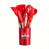 12-piece silicone kitchen utensil set with wooden handles and non-stick design