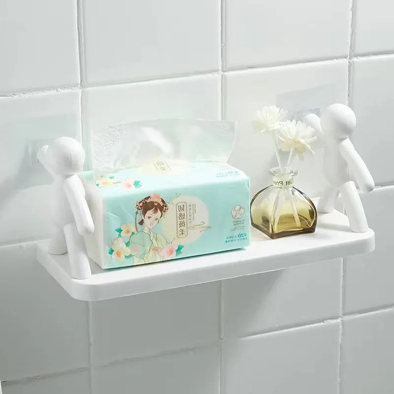Self-adhesive plastic bathroom shelf for shampoo and towel storage