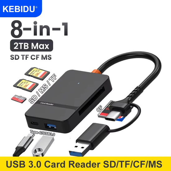 8-in-1 card reader adapter for laptop and PC with high-speed USB 3.0 connection