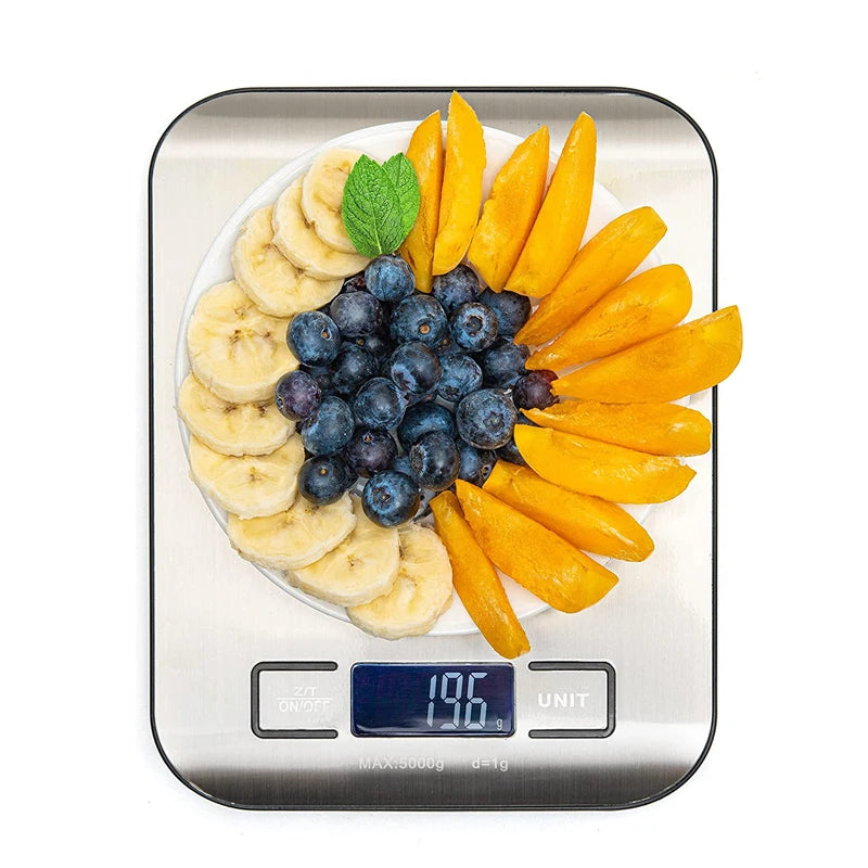 Electronic food weighing scale with tare function and backlit LCD screen