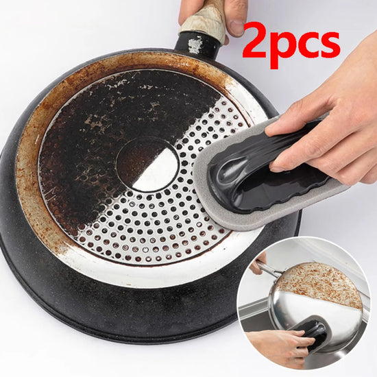2Pcs Magic Emery Sponge Brush with Handle Kitchen Rust Remover Strong Decontamination Cleaner Tools for Pot Pan Sink Bathtub