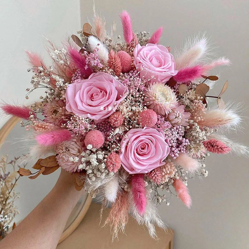 Wedding Bridal Bouquet Natural Baby'sBreath Eternal Rose Bridal Bridesmaid Hand Flowers Wedding,Engagement Valentines Day Decor