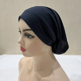 Lightweight spandex turban bonnet in beige, styled under a chiffon hijab