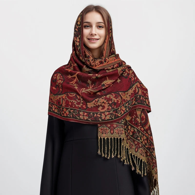 Soft and warm cashmere hijab with bohemian print, styled as a headscarf or wrap