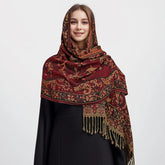 Soft and warm cashmere hijab with bohemian print, styled as a headscarf or wrap