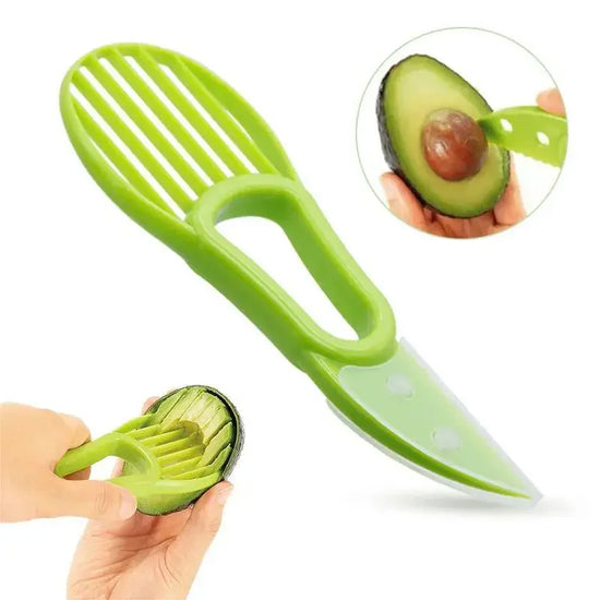 3-in-1 avocado slicer with serrated blade, pit remover, and fruit scooper