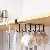 Space-saving coffee cup rack with six hooks for cabinet or shelf mounting