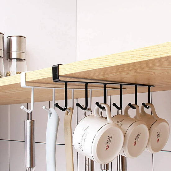 Space-saving coffee cup rack with six hooks for cabinet or shelf mounting
