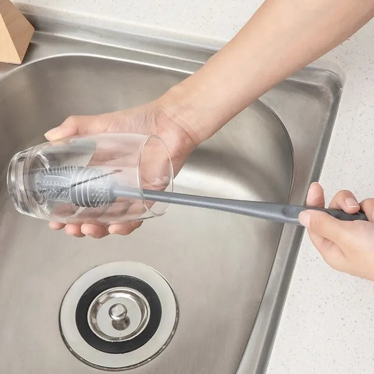 Flexible silicone cup brush with extended handle for deep cleaning glassware