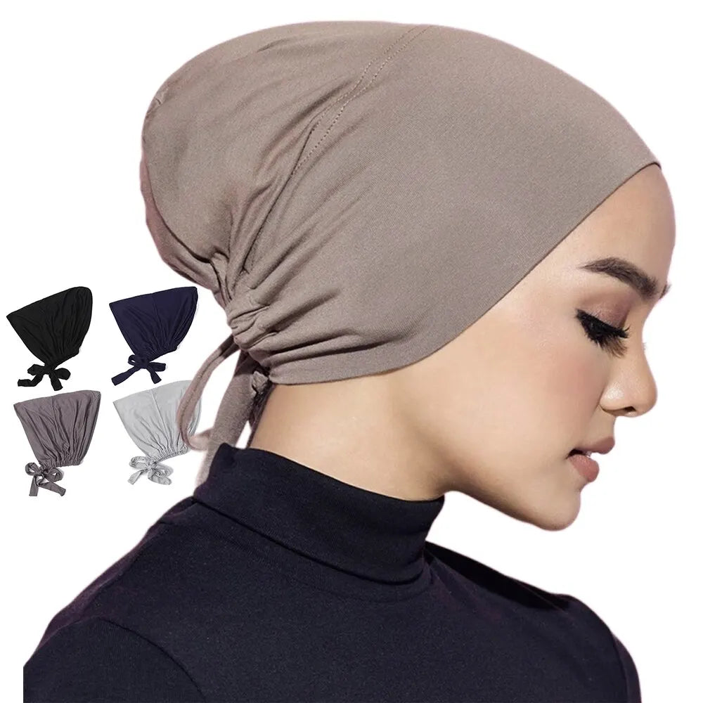 Soft elastic modal underscarf in beige, providing comfortable fit under hijabs for Muslim women 