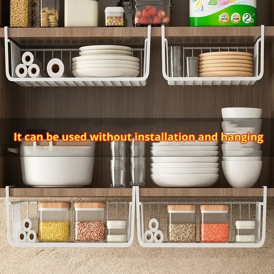Large-capacity under-cabinet storage basket in white iron mesh