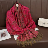 Soft and warm cashmere hijab with bohemian print, styled as a headscarf or wrap