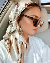 Luxury brand silk scarf for women, 90x90cm square, worn as a summer hijab or hair wrap