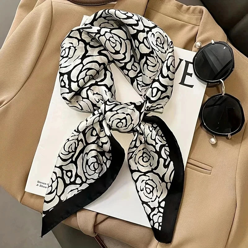 Elegant silk-feel scarf featuring intricate patterns, used as a headband or hair accessory