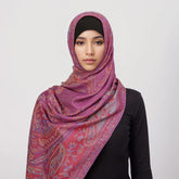 Soft and warm cashmere hijab with bohemian print, styled as a headscarf or wrap