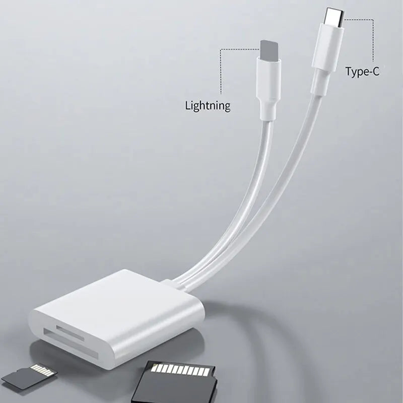 Type-C and Lightning SD/TF card reader for smart devices, laptops, and computers