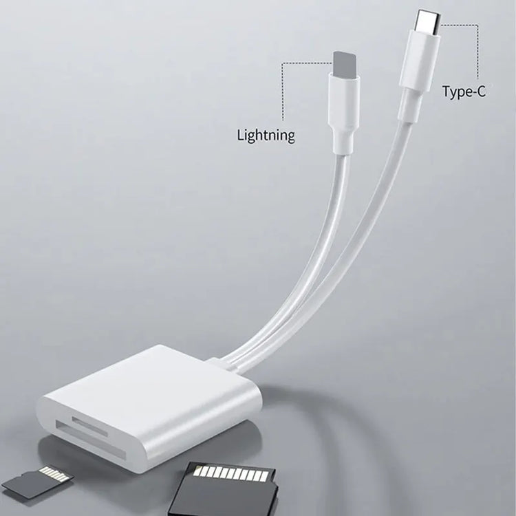 Type-C and Lightning SD/TF card reader for smart devices, laptops, and computers