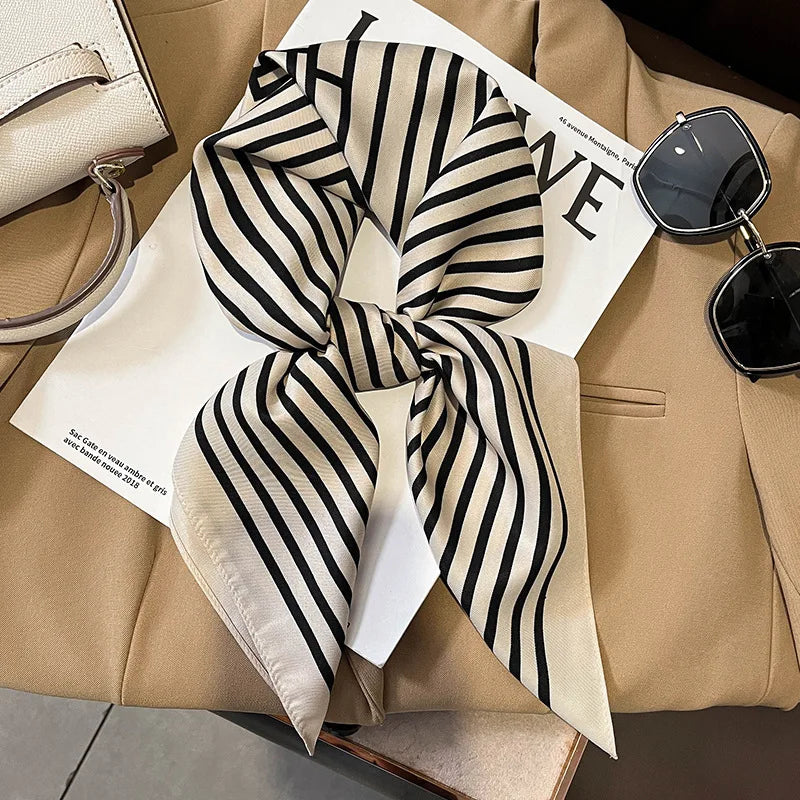 Luxury brand silk plaid square scarf for women, styled as a neck or hair tie