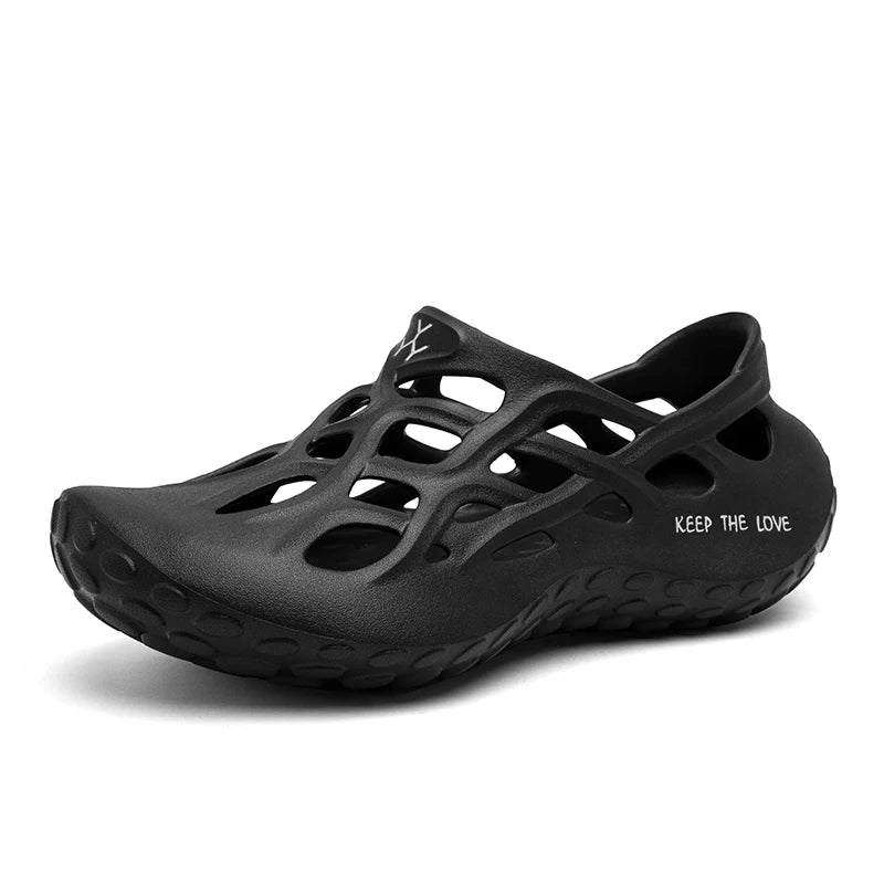 Men’s lightweight EVA clogs with ventilation holes in white, red, and blue
