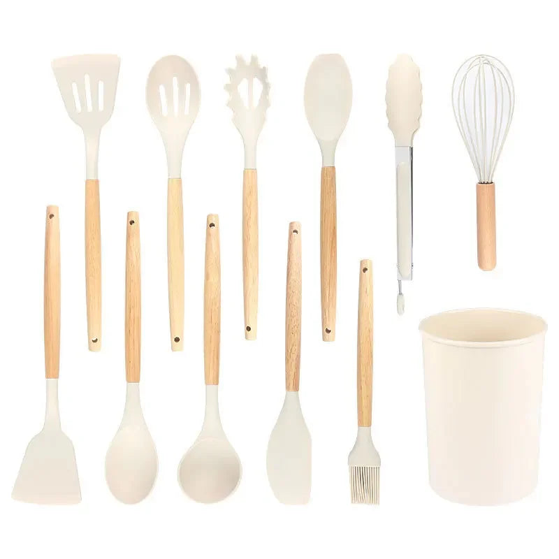 12-piece silicone kitchen utensil set with wooden handles and non-stick design