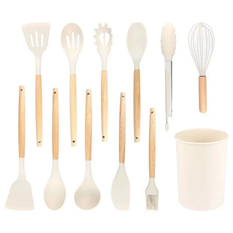 12-piece silicone kitchen utensil set with wooden handles and non-stick design