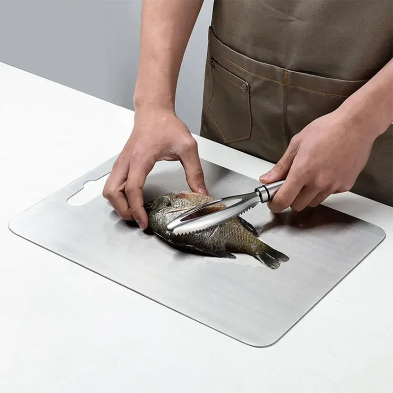 Easy-to-clean stainless steel food prep board ideal for busy kitchens