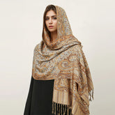 Soft and warm cashmere hijab with bohemian print, styled as a headscarf or wrap