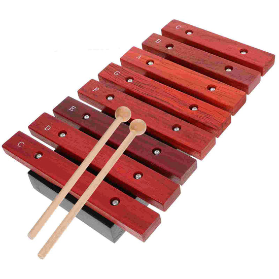 Children’s wooden xylophone featuring eight tuned metal bars and two wooden mallets