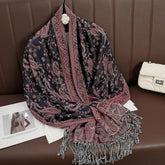 Soft and warm cashmere hijab with bohemian print, styled as a headscarf or wrap
