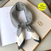 Luxury brand silk plaid square scarf for women, styled as a neck or hair tie