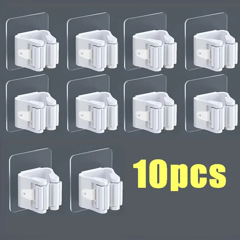 Mop and broom organizer with hooks for wall mounting