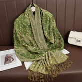 Soft and warm cashmere hijab with bohemian print, styled as a headscarf or wrap