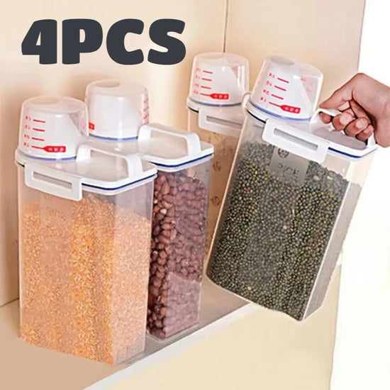 4PCS 2.5L Rice Storage Bucket with Measuring Cup Sealed Moisture-Proof Pet Food Storage Container for Storing Grains Flour Rice