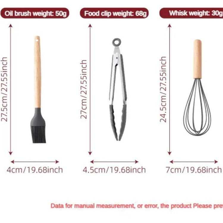 12-piece silicone kitchen utensil set with wooden handles and non-stick design