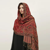 Soft and warm cashmere hijab with bohemian print, styled as a headscarf or wrap