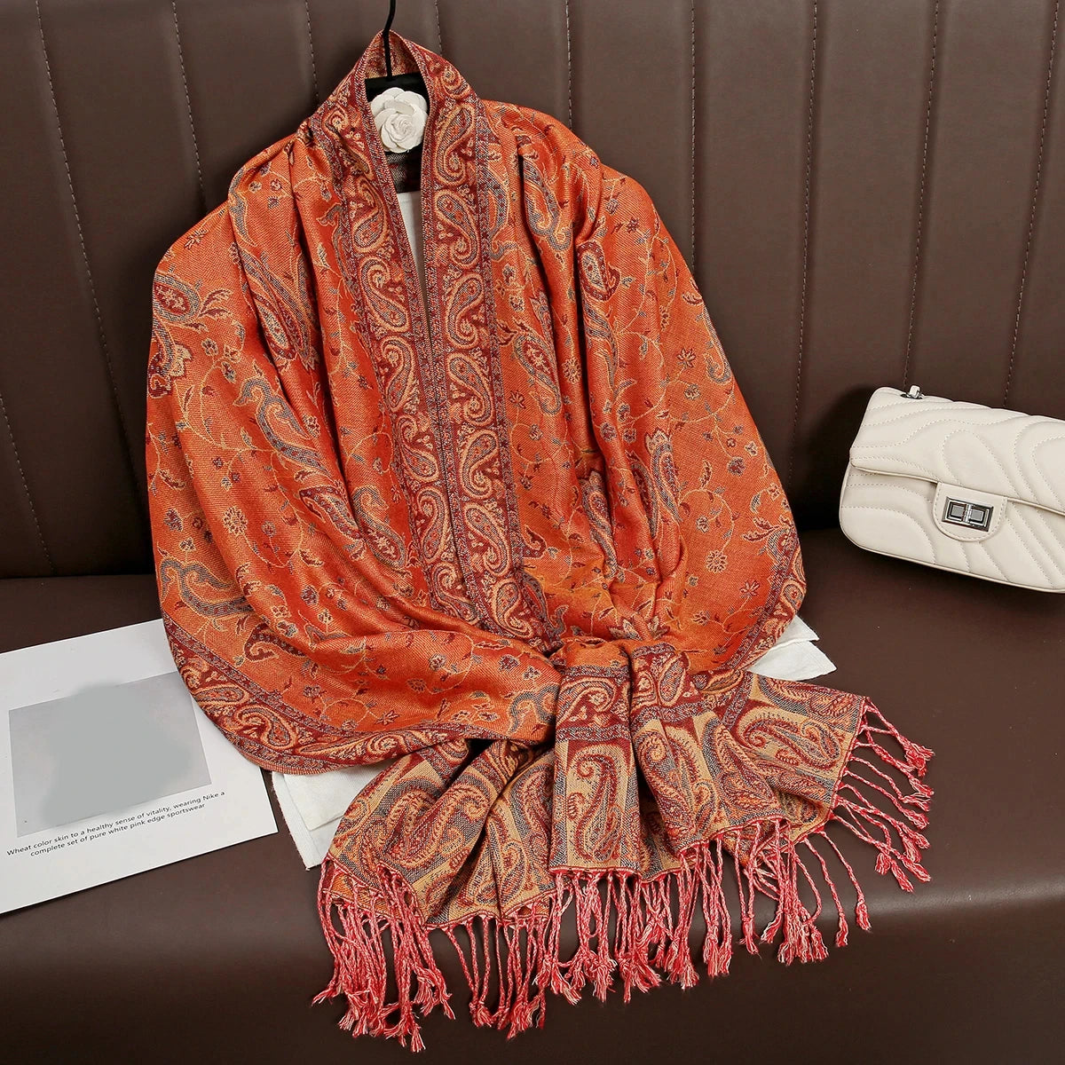 Soft and warm cashmere hijab with bohemian print, styled as a headscarf or wrap