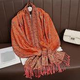 Soft and warm cashmere hijab with bohemian print, styled as a headscarf or wrap
