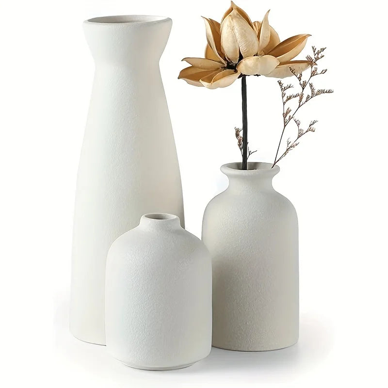 Set of 3 ceramic vases in neutral tones, ideal for rustic and farmhouse home decor