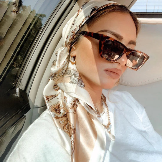 Luxury brand silk scarf for women, 90x90cm square, worn as a summer hijab or hair wrap