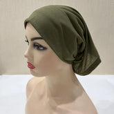Lightweight spandex turban bonnet in beige, styled under a chiffon hijab