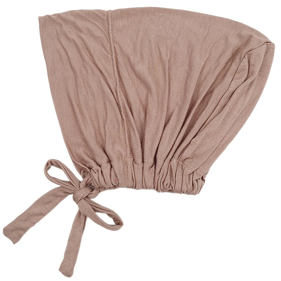Comfortable modal hijab cap with back rope for adjustable fit, ideal as inner scarf