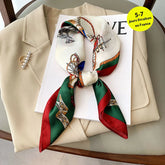 Luxury brand silk plaid square scarf for women, styled as a neck or hair tie