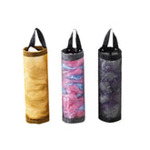 Hanging grey nylon bag holder for organizing plastic bags under cabinets or on walls