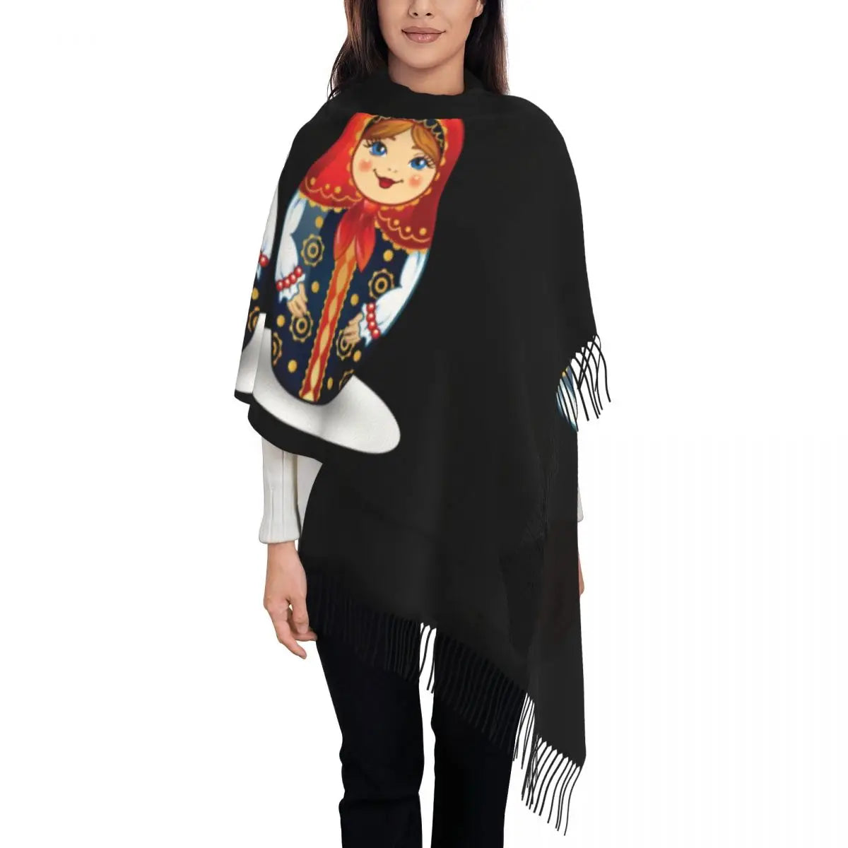 Soft and cozy scarf with colorful Matryoshka doll design
