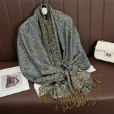 Soft and warm cashmere hijab with bohemian print, styled as a headscarf or wrap
