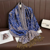 Soft and warm cashmere hijab with bohemian print, styled as a headscarf or wrap