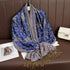 Soft and warm cashmere hijab with bohemian print, styled as a headscarf or wrap