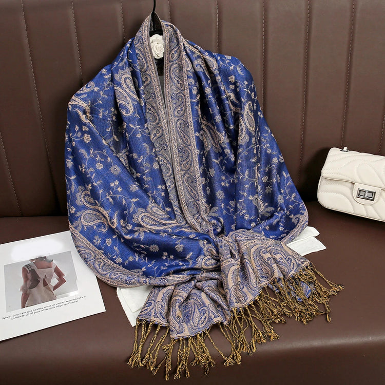 Soft and warm cashmere hijab with bohemian print, styled as a headscarf or wrap